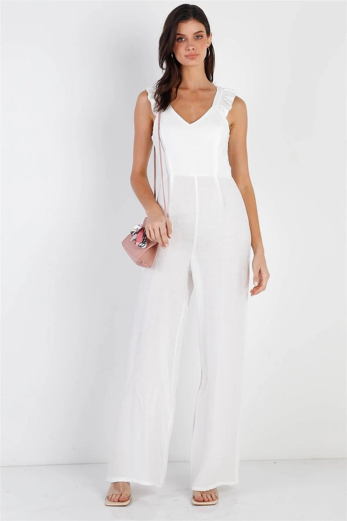White Textured Ruffle Trim Straps Sleeveless Wide Leg Jumpsuit /1-1-2-1 - Tasha Apparel Wholesale