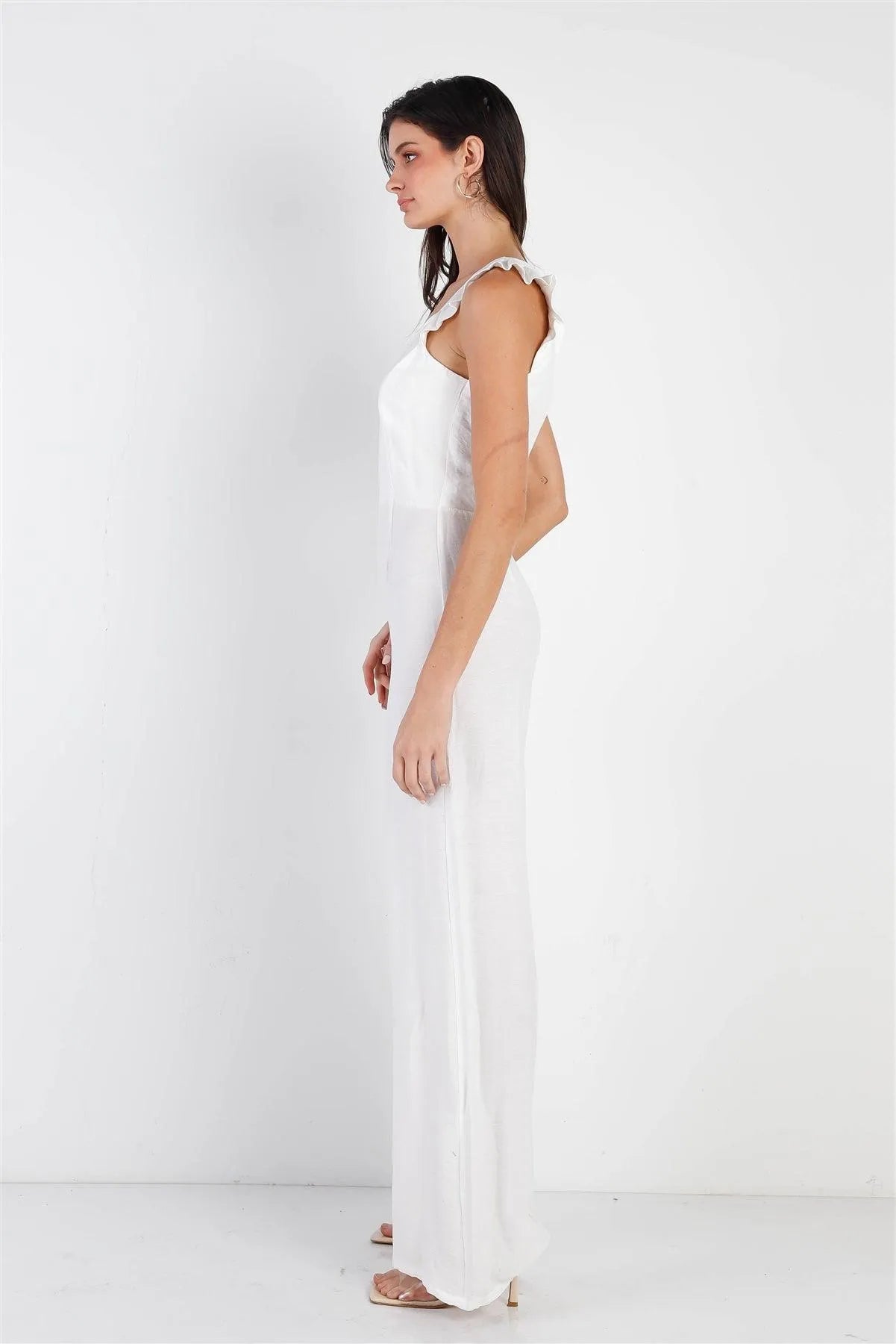 White Textured Ruffle Trim Straps Sleeveless Wide Leg Jumpsuit /1-1-2-1 - Tasha Apparel Wholesale