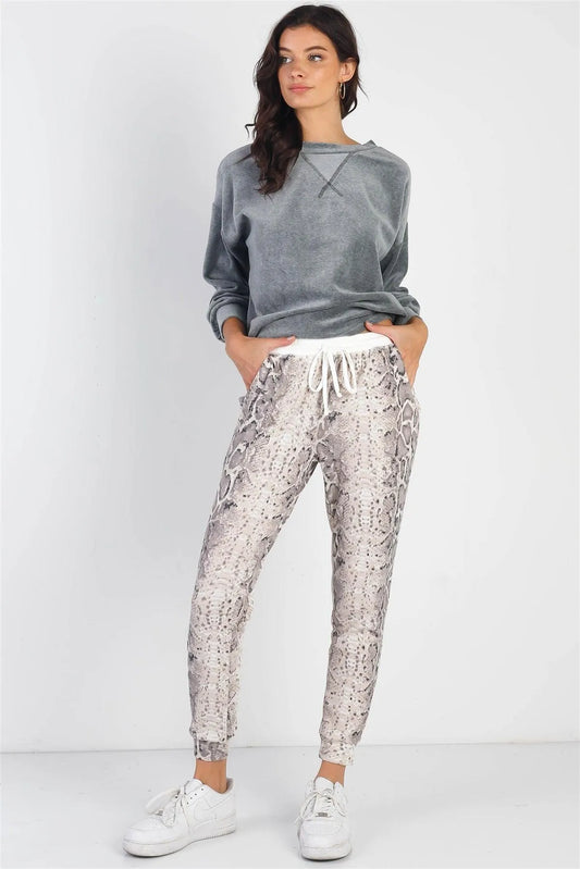 Taupe Waffle Knit Snake Print Jogger Pants /1-1-1 - Tasha Apparel Wholesale
