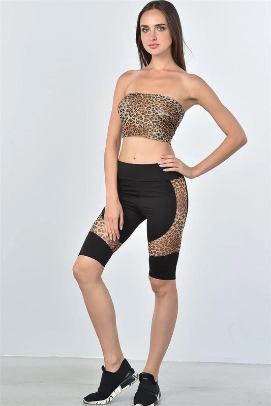 Leopard Mesh Side Knee Length Shorts / 2-2-2 - Tasha Apparel Wholesale