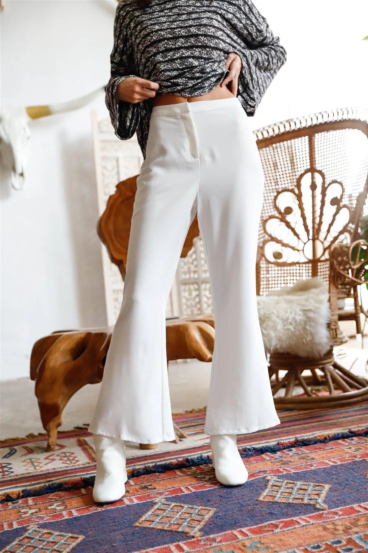 White Flare Side Button Detail High Waist Pants /1-2-2 - Tasha Apparel Wholesale