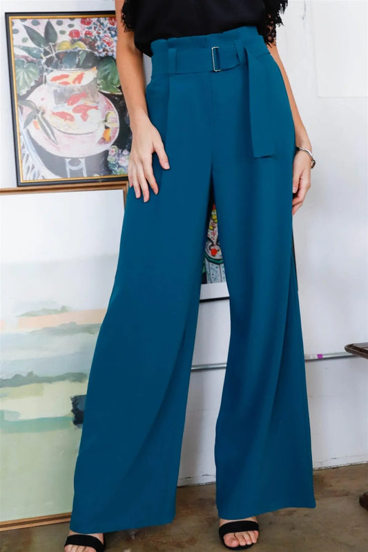 Teal Fold Pleated Belted Wide Leg Full Length Pants /2-3 - Tasha Apparel Wholesale