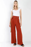 Rust Fold Pleated Belted Wide Leg Full Length Pants /1-2-2-1 - Tasha Apparel Wholesale