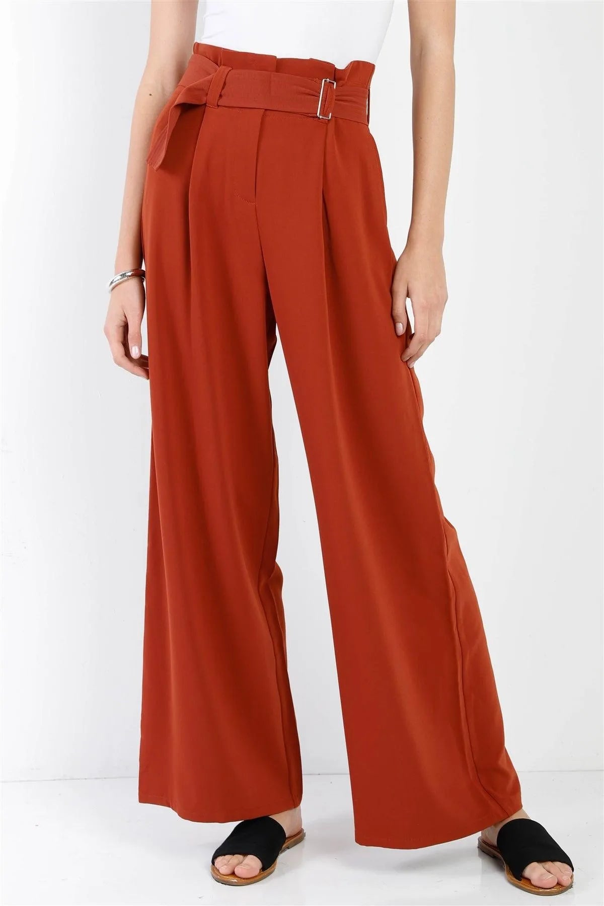 Rust Fold Pleated Belted Wide Leg Full Length Pants /1-2-2-1 - Tasha Apparel Wholesale