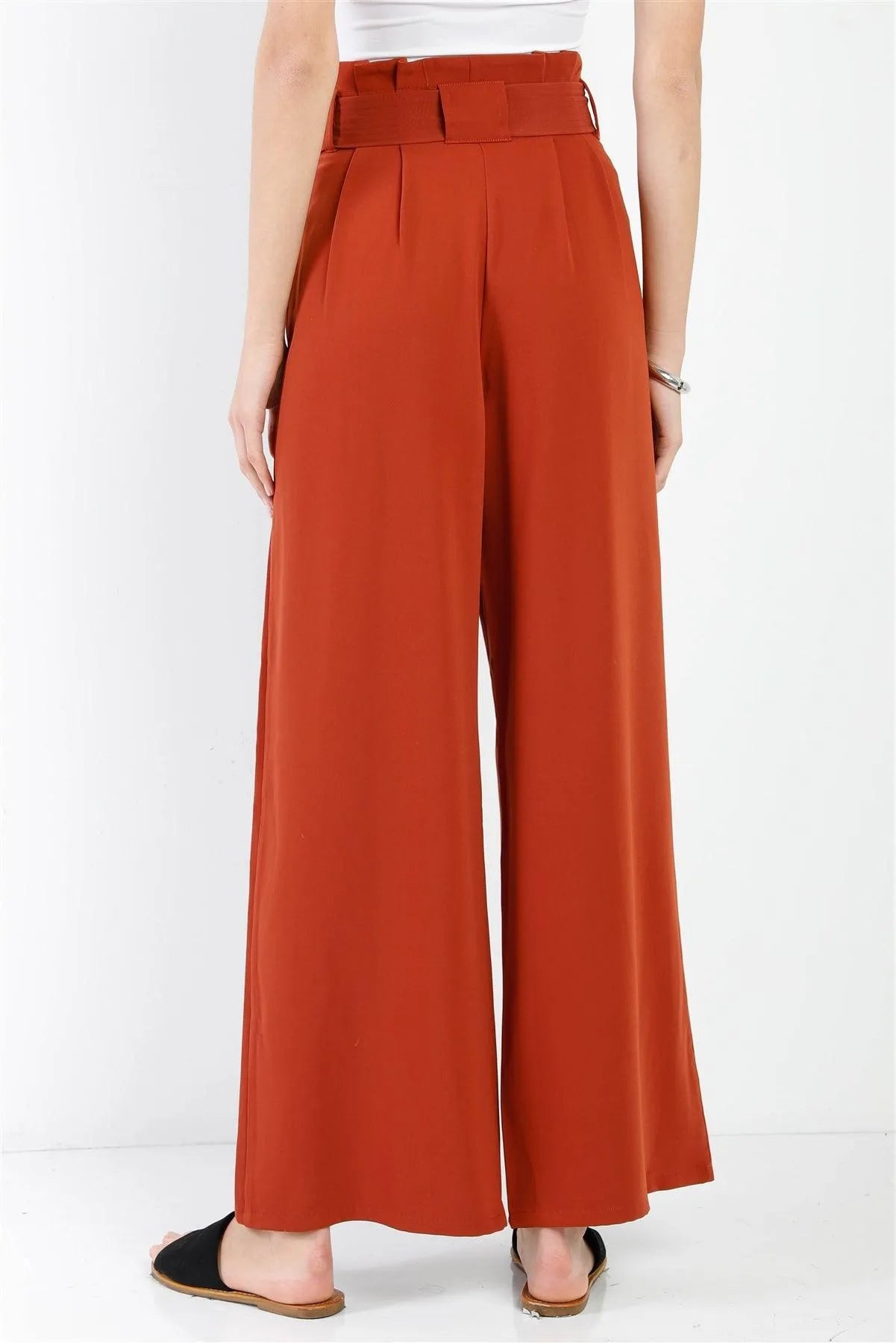 Rust Fold Pleated Belted Wide Leg Full Length Pants /1-2-2-1 - Tasha Apparel Wholesale