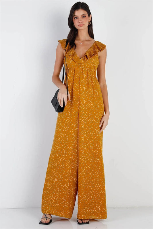 Mustard & White Polka Dot Back Lace Up Detail Jumpsuit /1-2-2-1 - Tasha Apparel Wholesale