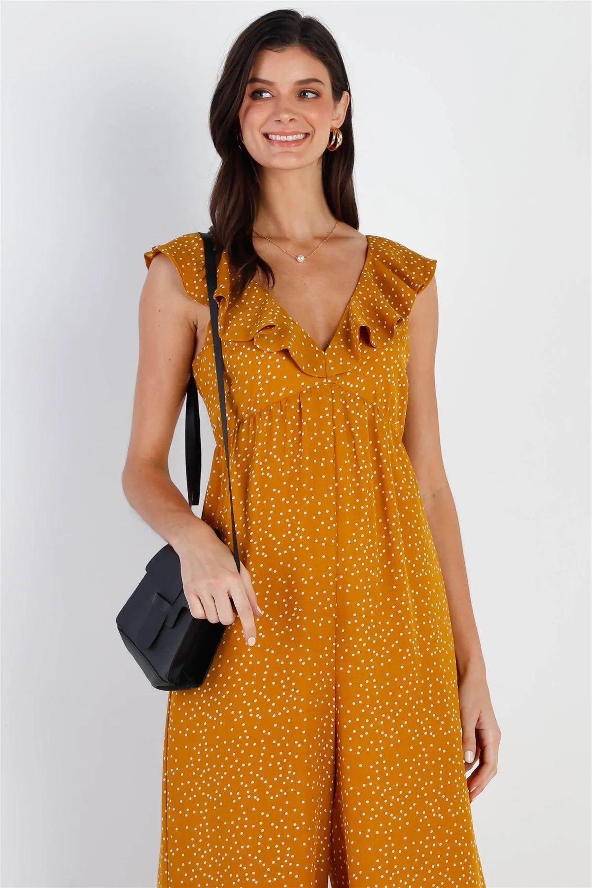 Mustard & White Polka Dot Back Lace Up Detail Jumpsuit /1-3-1-1 - Tasha Apparel Wholesale