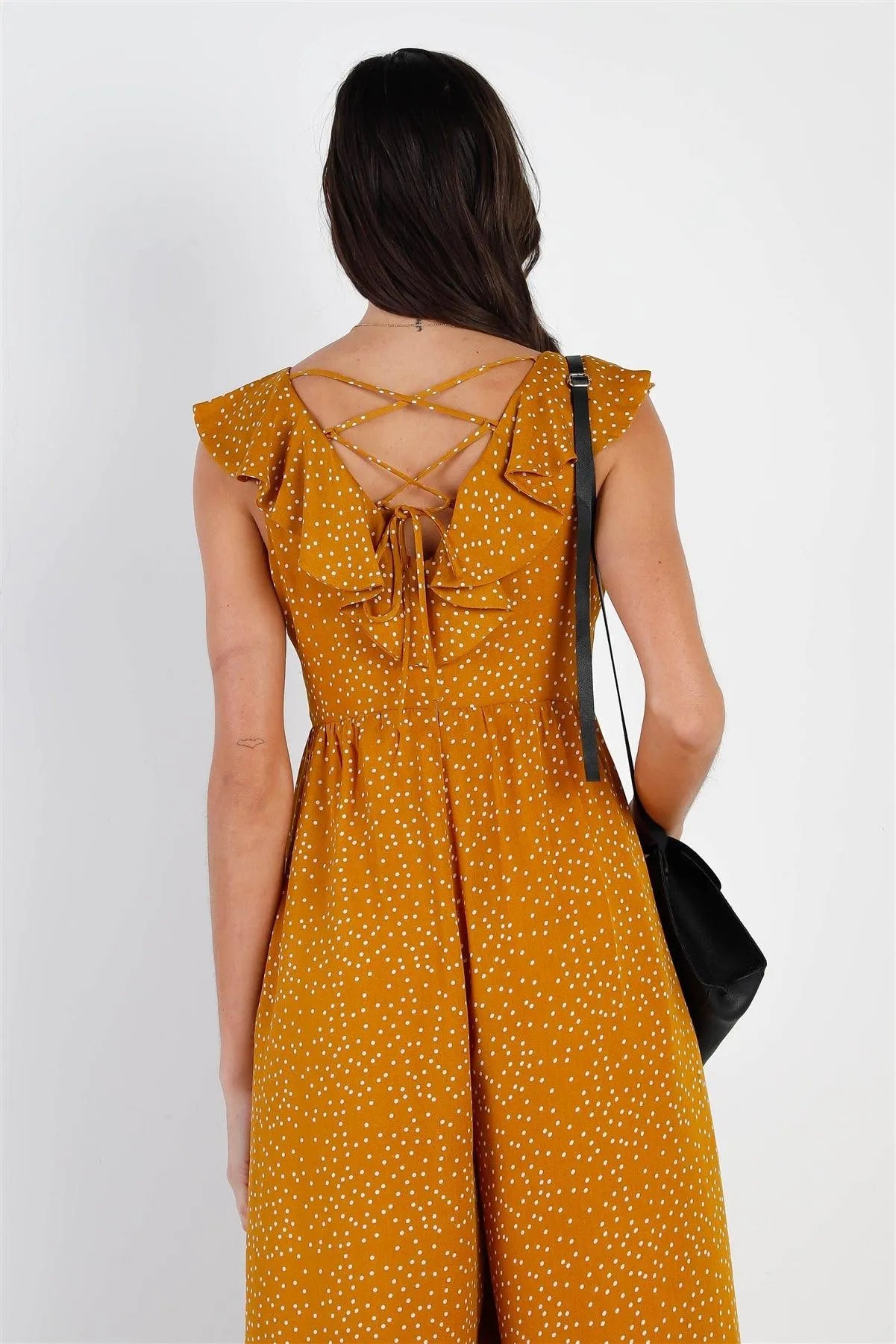 Mustard & White Polka Dot Back Lace Up Detail Jumpsuit /1-3-1-1 - Tasha Apparel Wholesale
