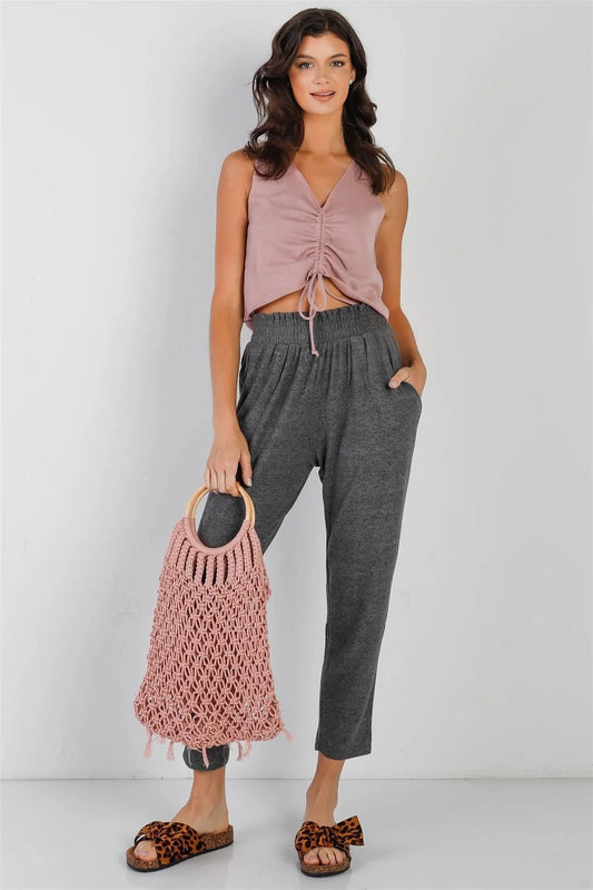 Charcoal Flannel Loungewear Hight Waist Pants /1-1-1 - Tasha Apparel Wholesale