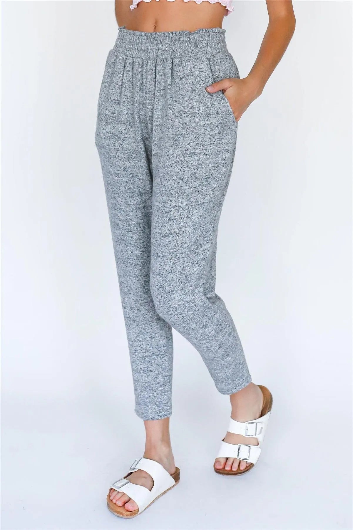 Heather Grey Loungewear Flannel Hight Waist Pants /1-1-1 - Tasha Apparel Wholesale