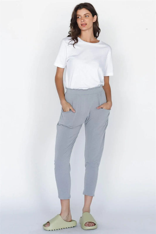 Heather Grey Front Pocket Detail High Waist Jogger Pants /1-1-1 - Tasha Apparel Wholesale