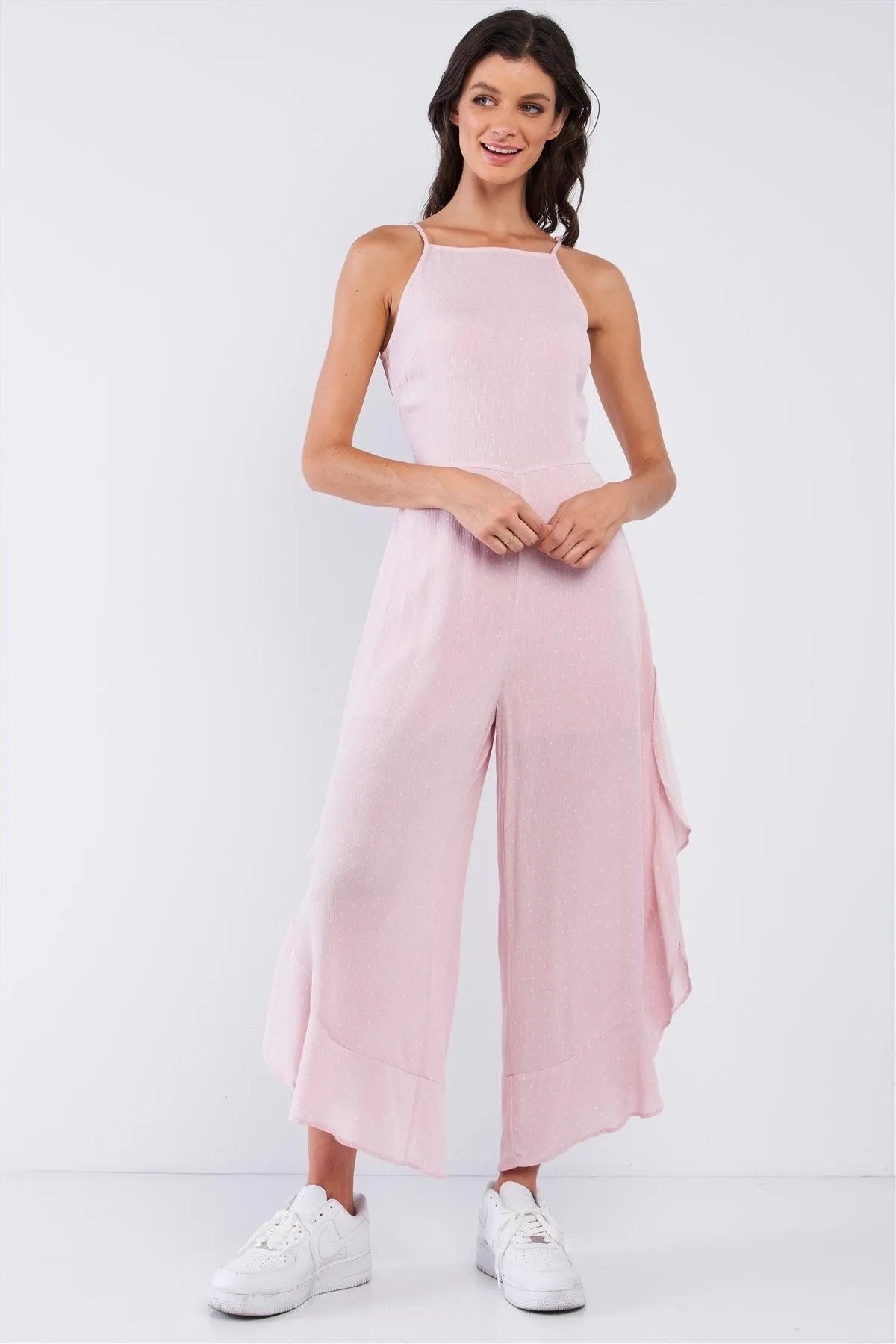 Pale Pink Polka Dot Sleeveless Ruffle Hem Side Slit Wide Leg Jumpsuit /1-2-2-1 - Tasha Apparel Wholesale
