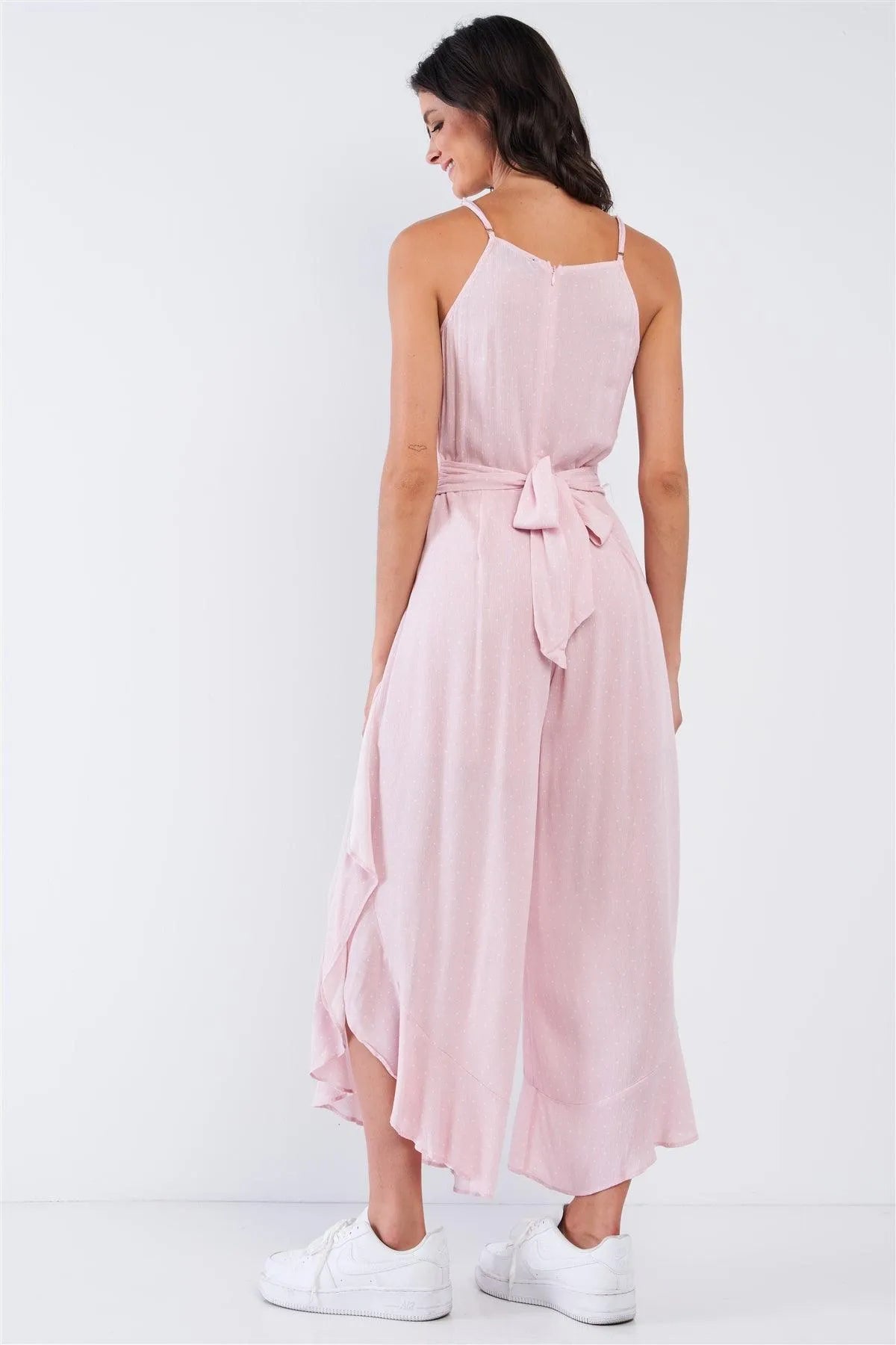 Pale Pink Polka Dot Sleeveless Ruffle Hem Side Slit Wide Leg Jumpsuit /1-2-2-1 - Tasha Apparel Wholesale