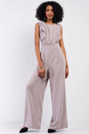 Oyster Sleeveless Front Ruffle Open Back Bow Tie Detail Wide Leg Pleated Jumpsuit - Tasha Apparel Wholesale