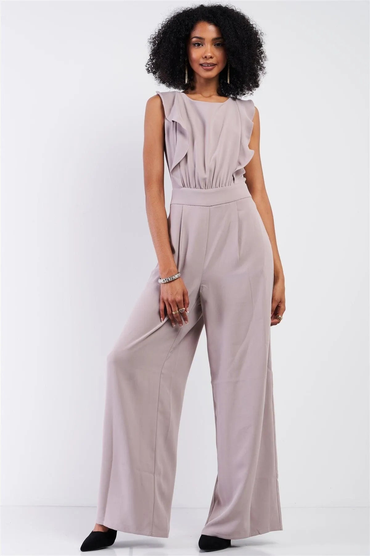 Oyster Sleeveless Front Ruffle Open Back Bow Tie Detail Wide Leg Pleated Jumpsuit - Tasha Apparel Wholesale