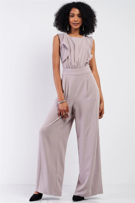 Oyster Sleeveless Front Ruffle Open Back Bow Tie Detail Wide Leg Pleated Jumpsuit - Tasha Apparel Wholesale