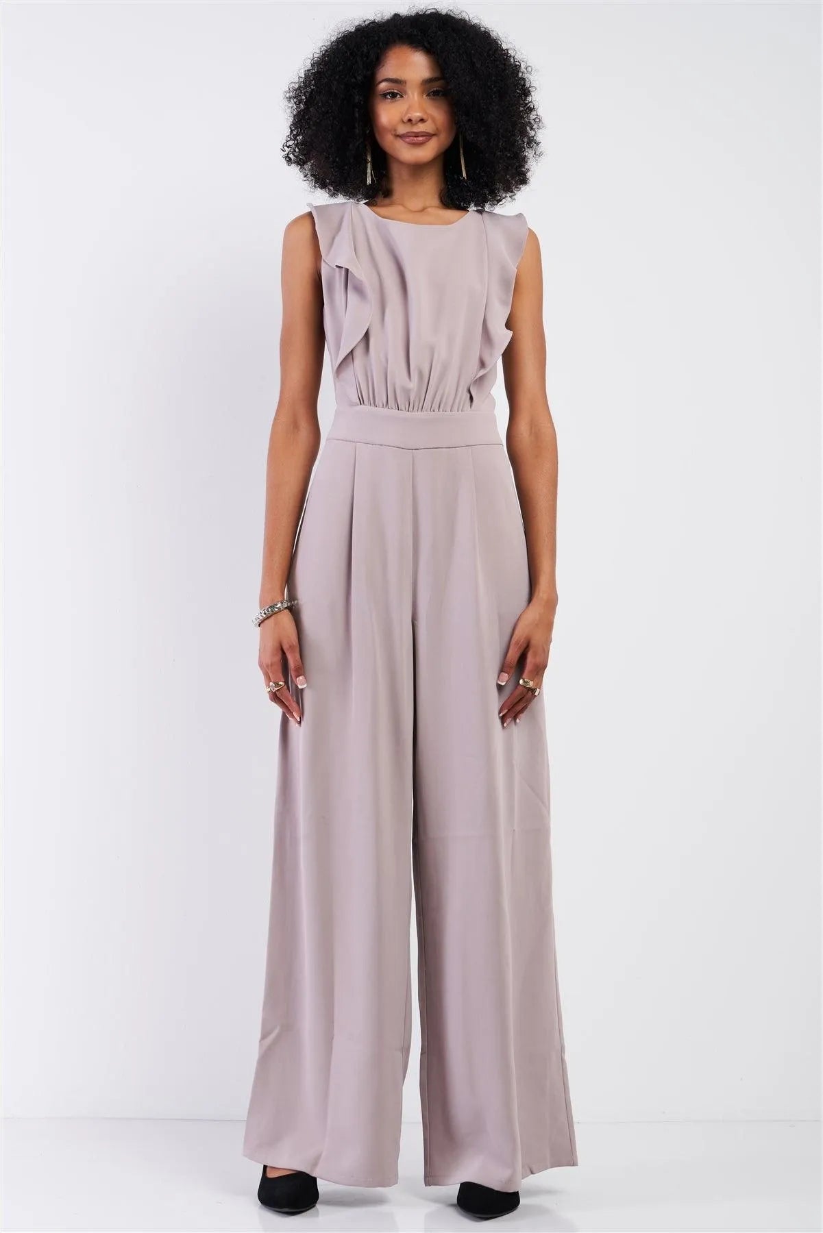 Oyster Sleeveless Front Ruffle Open Back Bow Tie Detail Wide Leg Pleated Jumpsuit - Tasha Apparel Wholesale