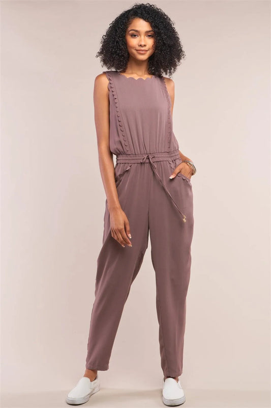 Winona Mocha Sleeveless Self-Tie Waist Scallop Hem Detail Jumpsuit /2-1-3 - Tasha Apparel Wholesale