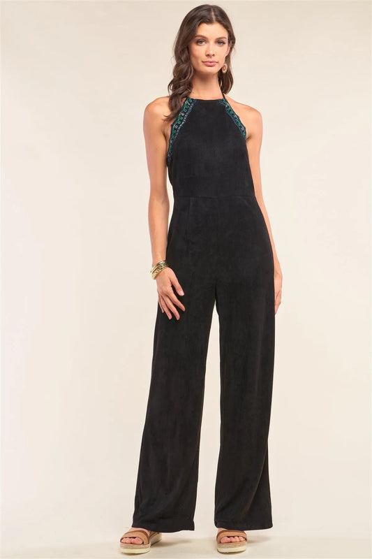 Black Suede Eyelet Embroidered Trim Self-Tie Halter Neck Open Back Jumpsuit /1-2-2-1 - Tasha Apparel Wholesale