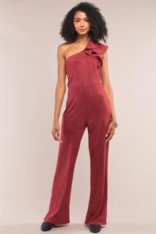 Burgundy Suede Sleeveless One-Shoulder Ruffle Detail Fitted Wide Leg Jumpsuit /3-1-1 - Tasha Apparel Wholesale