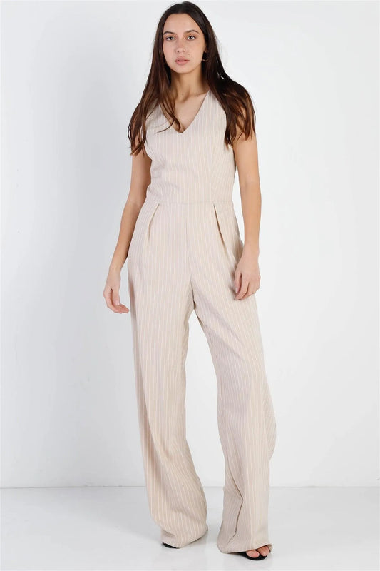 Beige & White Stripe Twisted Back Detail Sleeveless Jumpsuit /1-2-2-1 - Tasha Apparel Wholesale