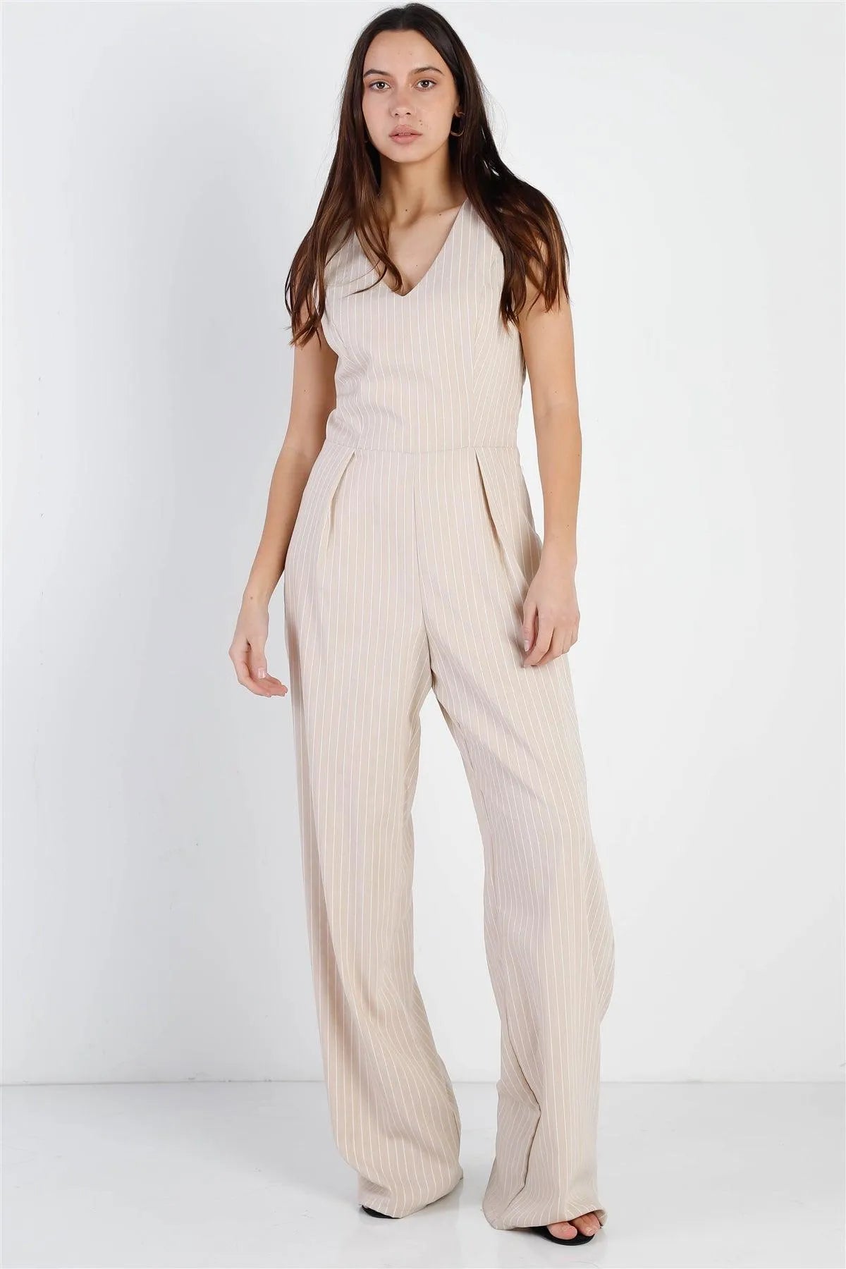 Beige & White Stripe Twisted Back Detail Sleeveless Jumpsuit /1-2-1 - Tasha Apparel Wholesale