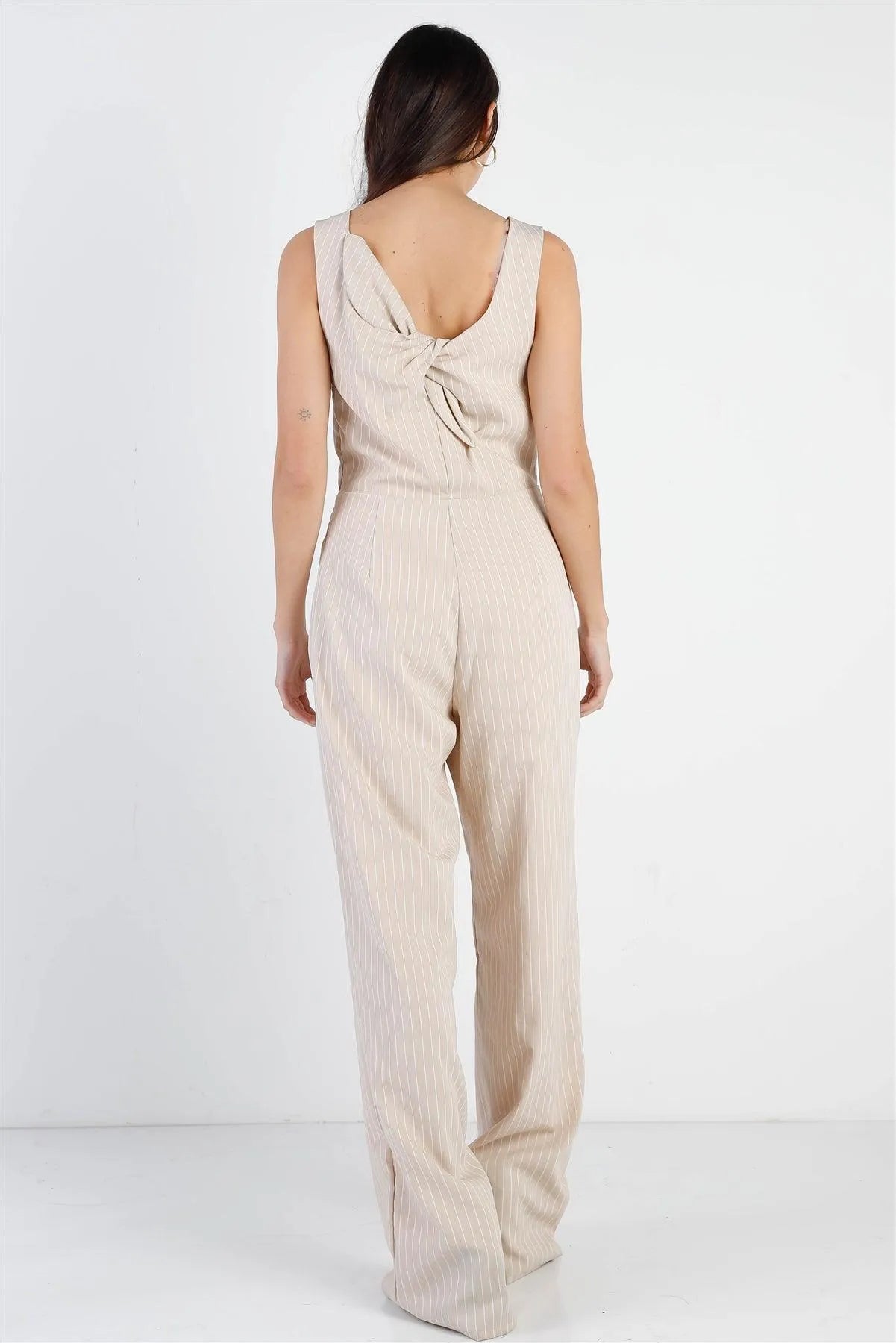Beige & White Stripe Twisted Back Detail Sleeveless Jumpsuit /1-2-1 - Tasha Apparel Wholesale