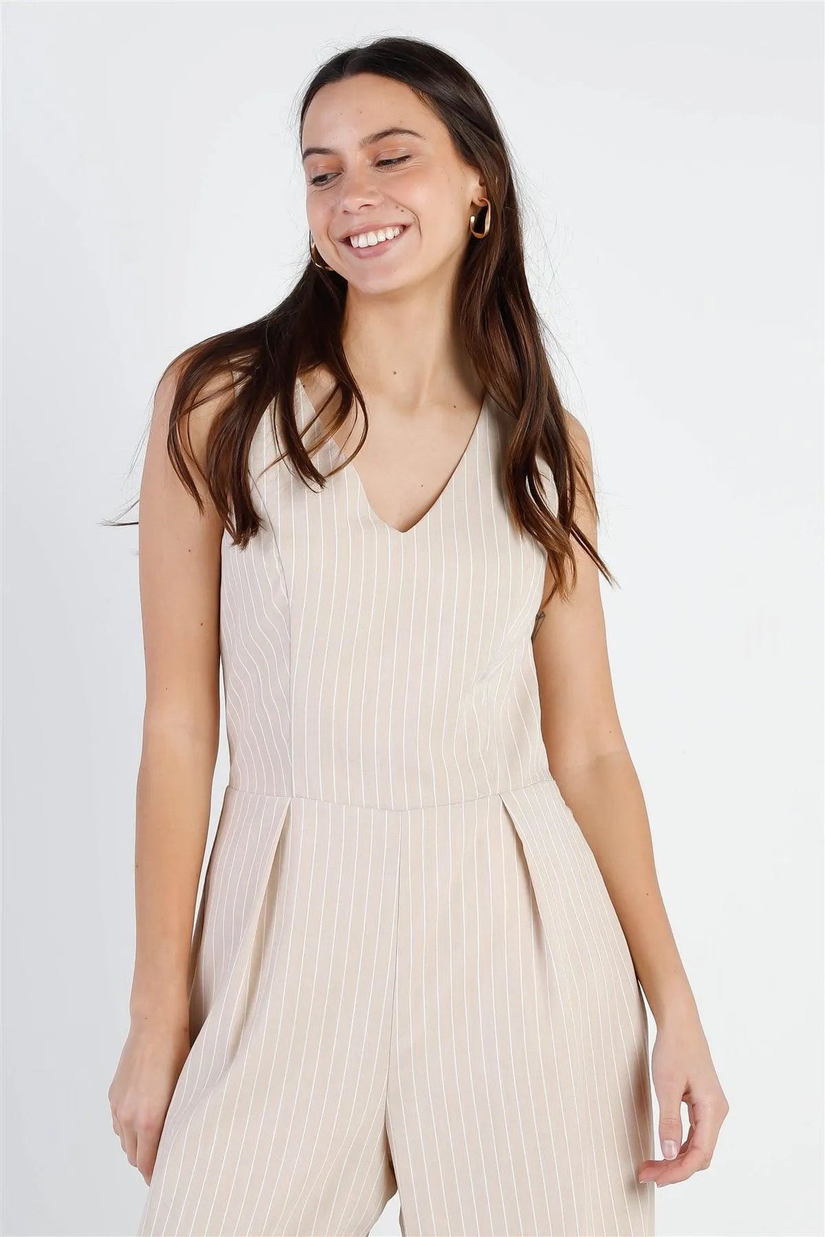 Beige & White Stripe Twisted Back Detail Sleeveless Jumpsuit /1-2-1 - Tasha Apparel Wholesale