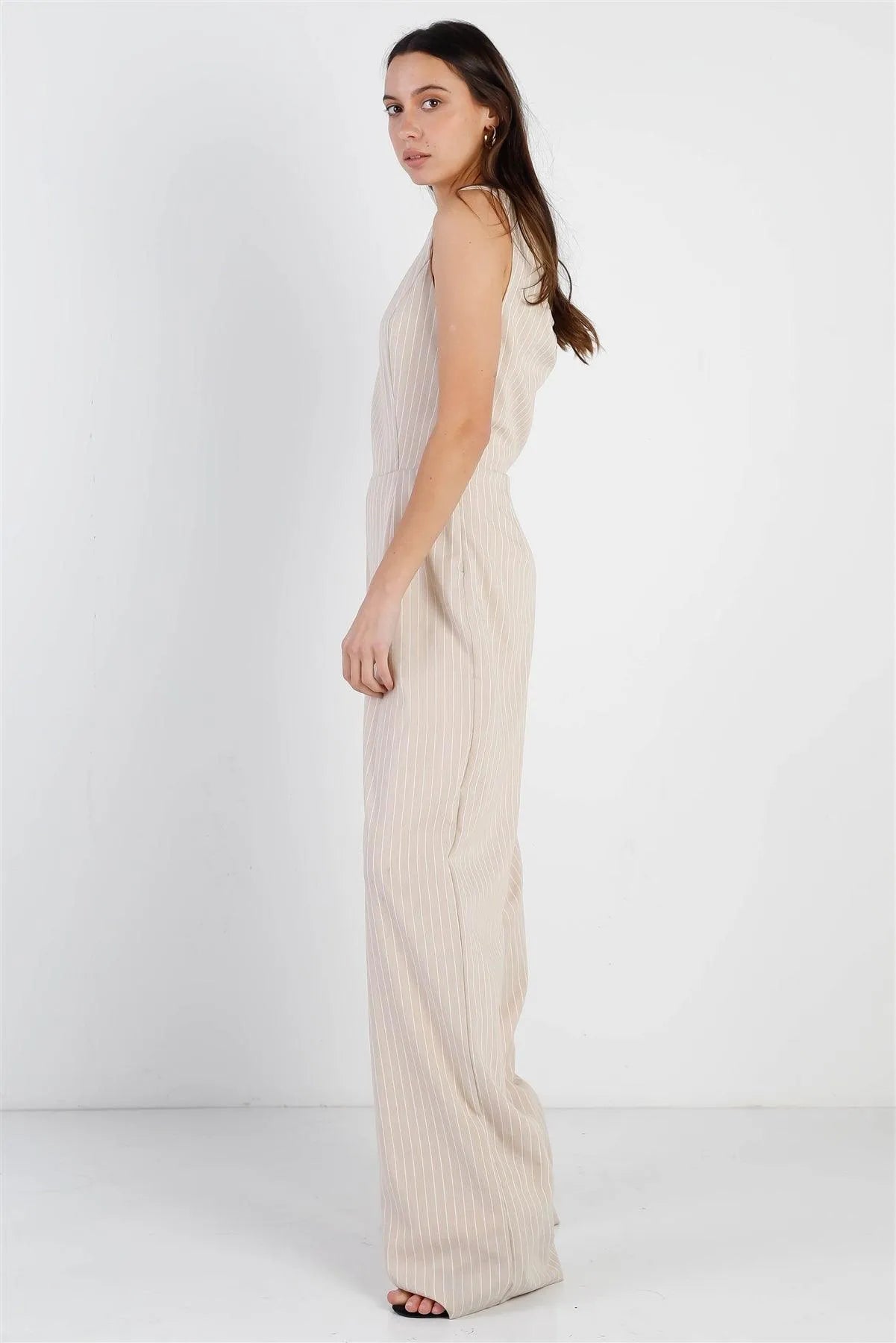 Beige & White Stripe Twisted Back Detail Sleeveless Jumpsuit /1-2-1 - Tasha Apparel Wholesale