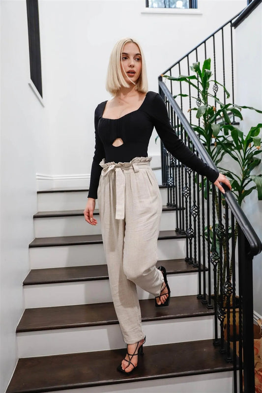 Beige Viscose & Linen Blend Self-Tie Belted Pants /1-2-1 - Tasha Apparel Wholesale