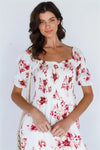White Multi Floral Print Square Neck Short Sleeve Romper /1-1-1-1 - Tasha Apparel Wholesale