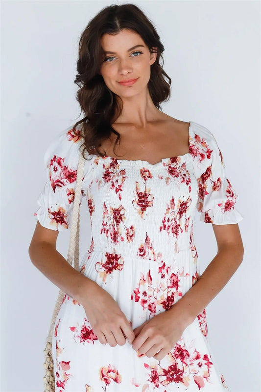 White Multi Floral Print Square Neck Short Sleeve Romper /1-1-1-1 - Tasha Apparel Wholesale