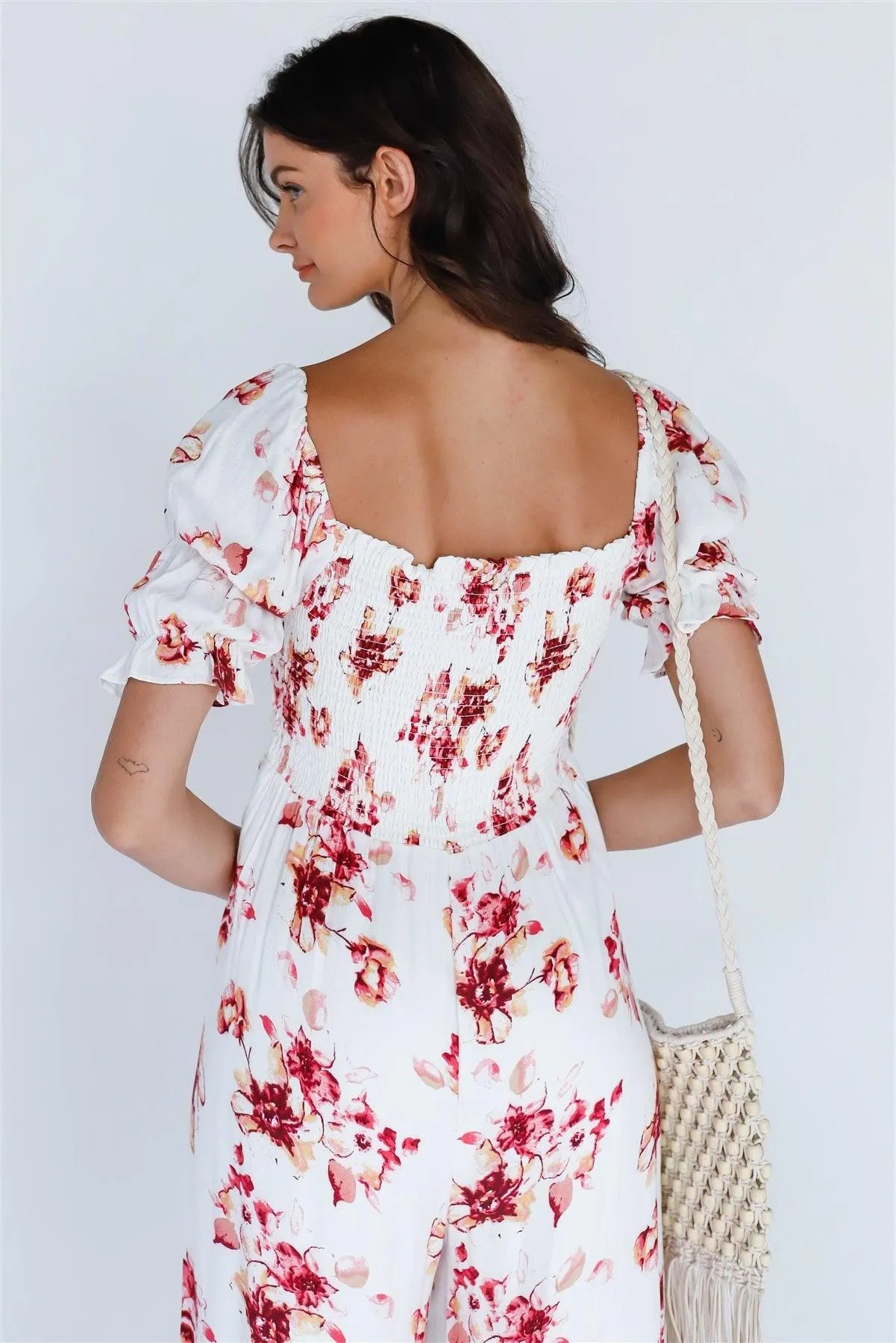 White Multi Floral Print Square Neck Short Sleeve Romper /1-1-1-1 - Tasha Apparel Wholesale