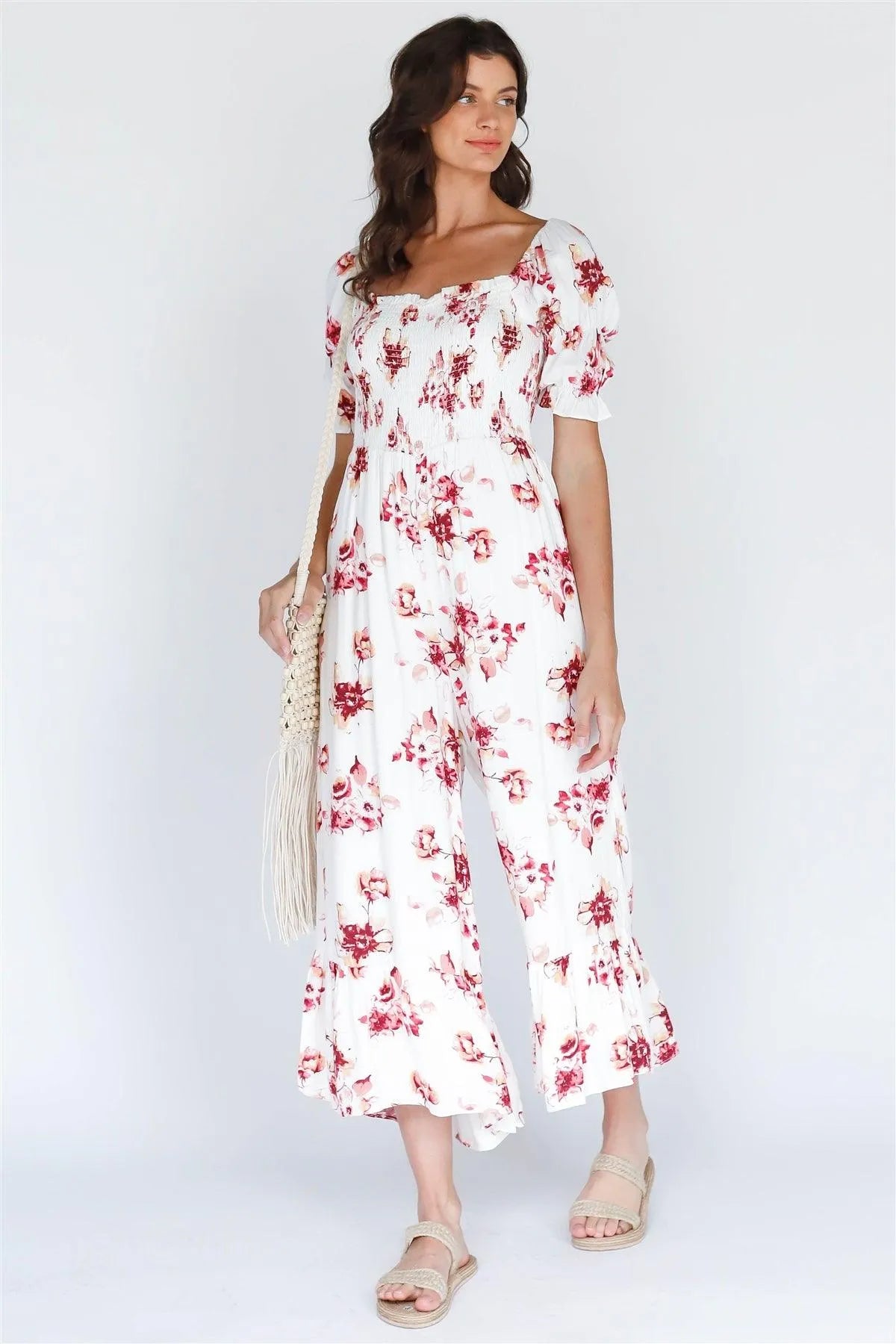 White Multi Floral Print Square Neck Short Sleeve Romper /1-1-1-1 - Tasha Apparel Wholesale