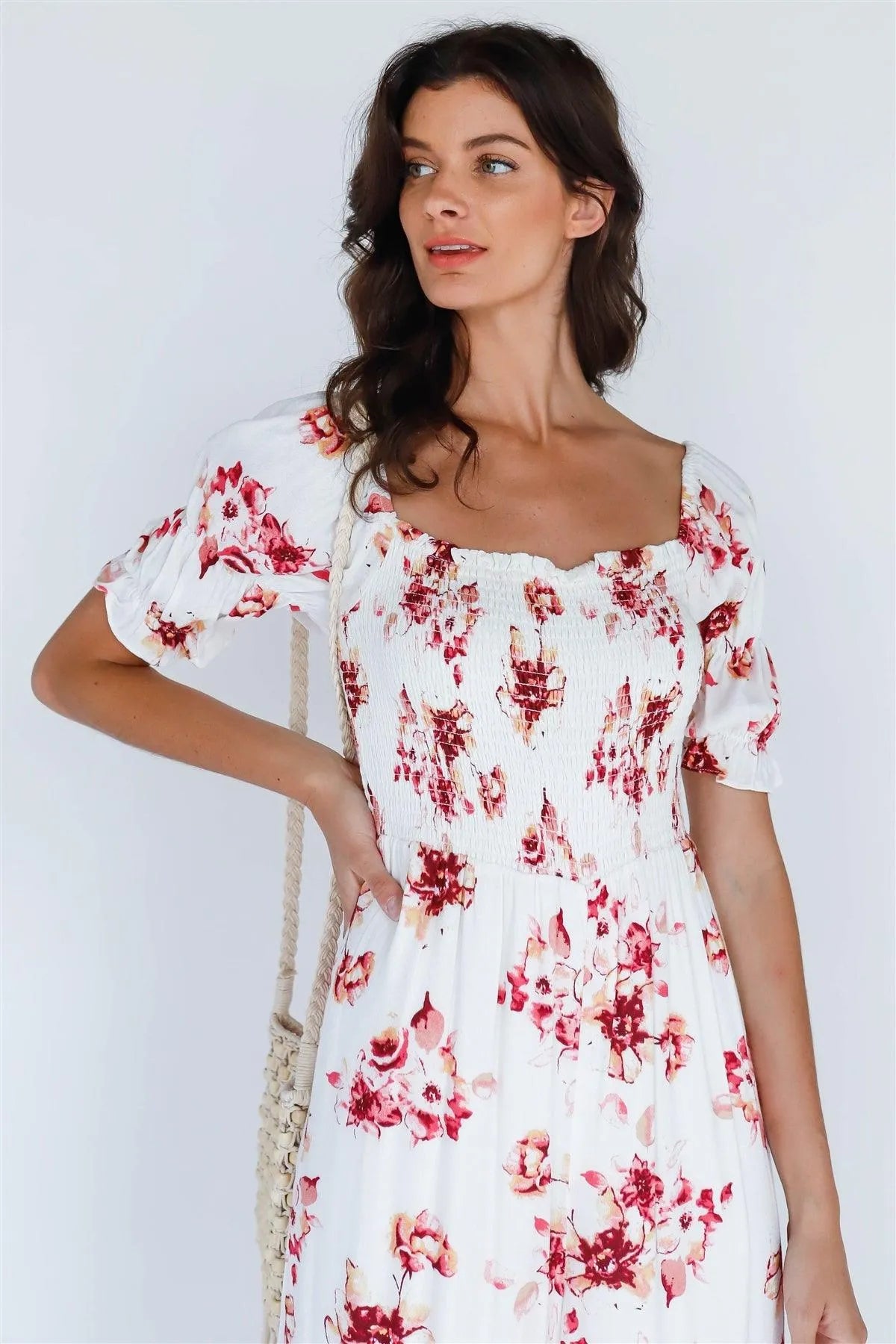 White Multi Floral Print Square Neck Short Sleeve Romper /1-1-1-1 - Tasha Apparel Wholesale