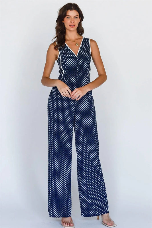 Navy & White Polka Dot V-Neck Wide Leg Romper - Tasha Apparel Wholesale