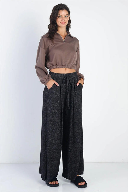 Black Knit Wide Leg High-Waist Pants /1-2-2-1 - Tasha Apparel Wholesale