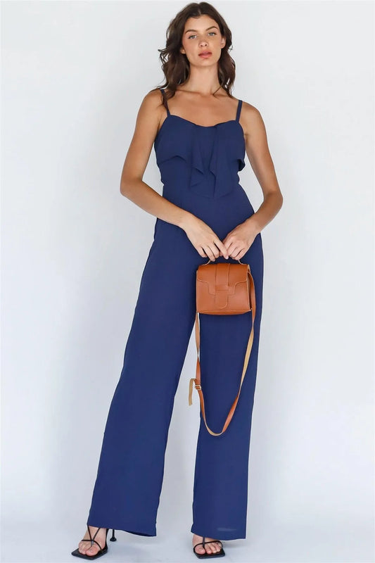 Navy Self-Tie Detail Smocked Back Sleeveless Jumpsuit /1-2-2-1 - Tasha Apparel Wholesale