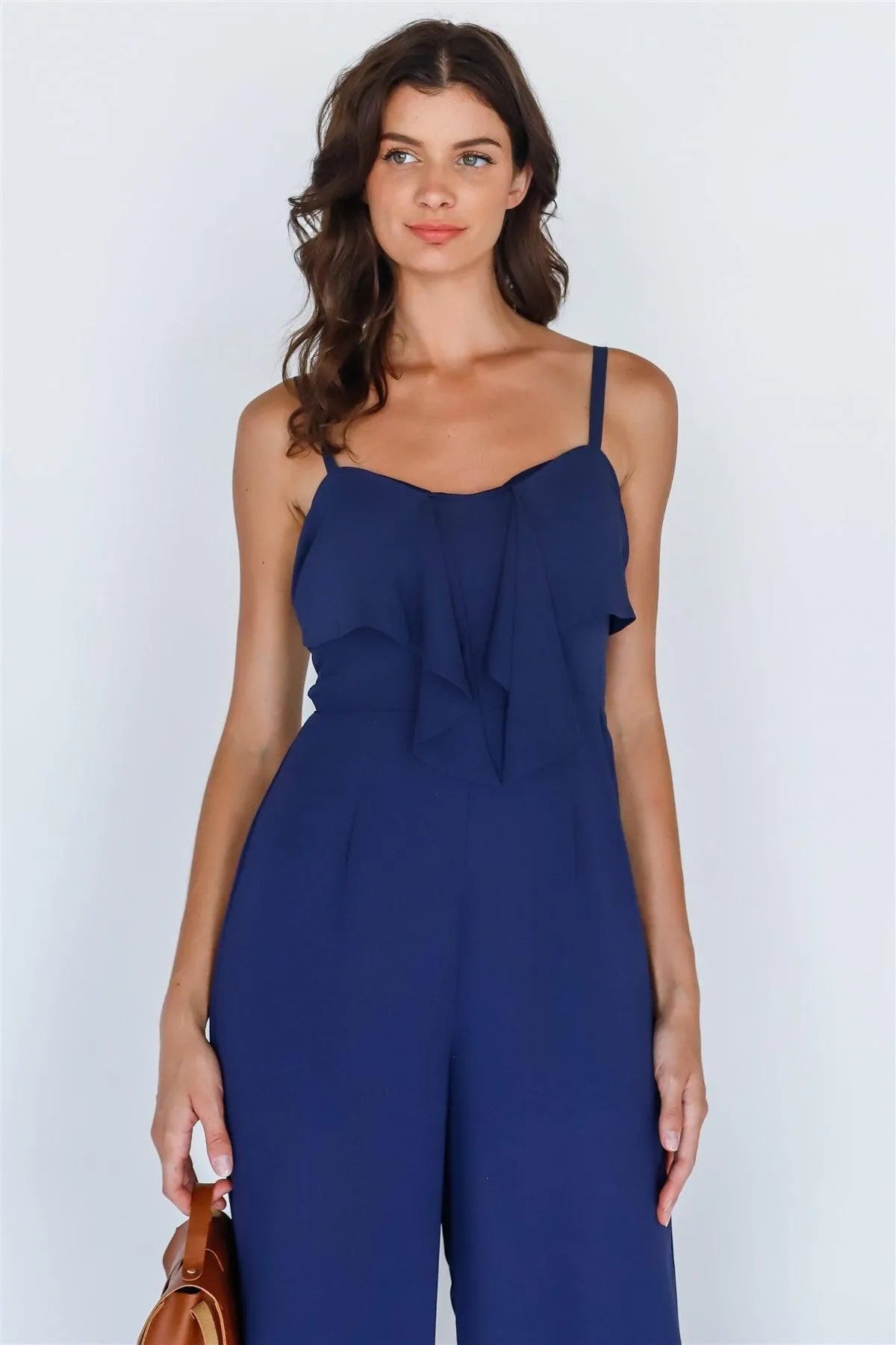 Navy Self-Tie Detail Smocked Back Sleeveless Jumpsuit /3-2-1 - Tasha Apparel Wholesale
