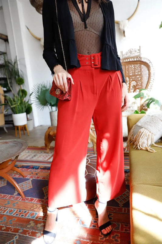Rust Fold Pleated Belted High Waist Wide Leg Pants /2-3-2 - Tasha Apparel Wholesale