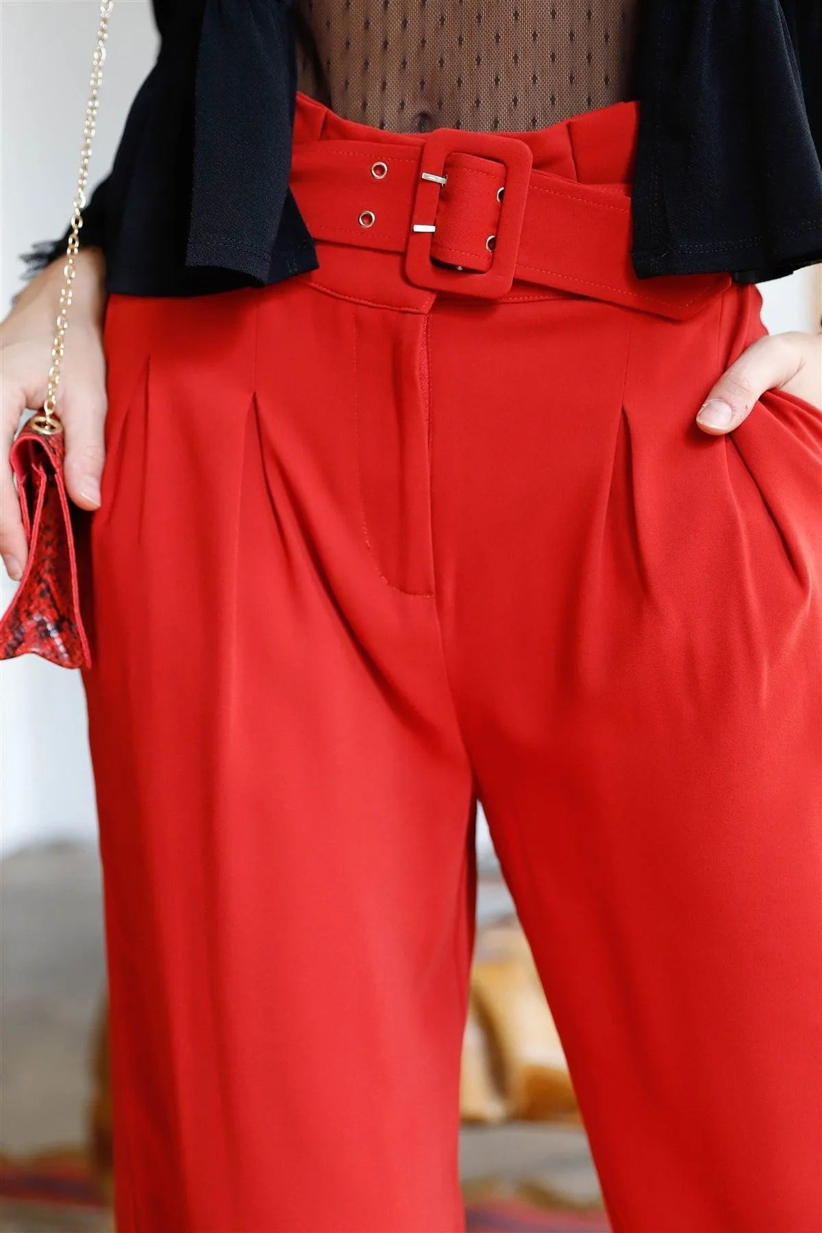 Rust Fold Pleated Belted High Waist Wide Leg Pants /2-3-2 - Tasha Apparel Wholesale