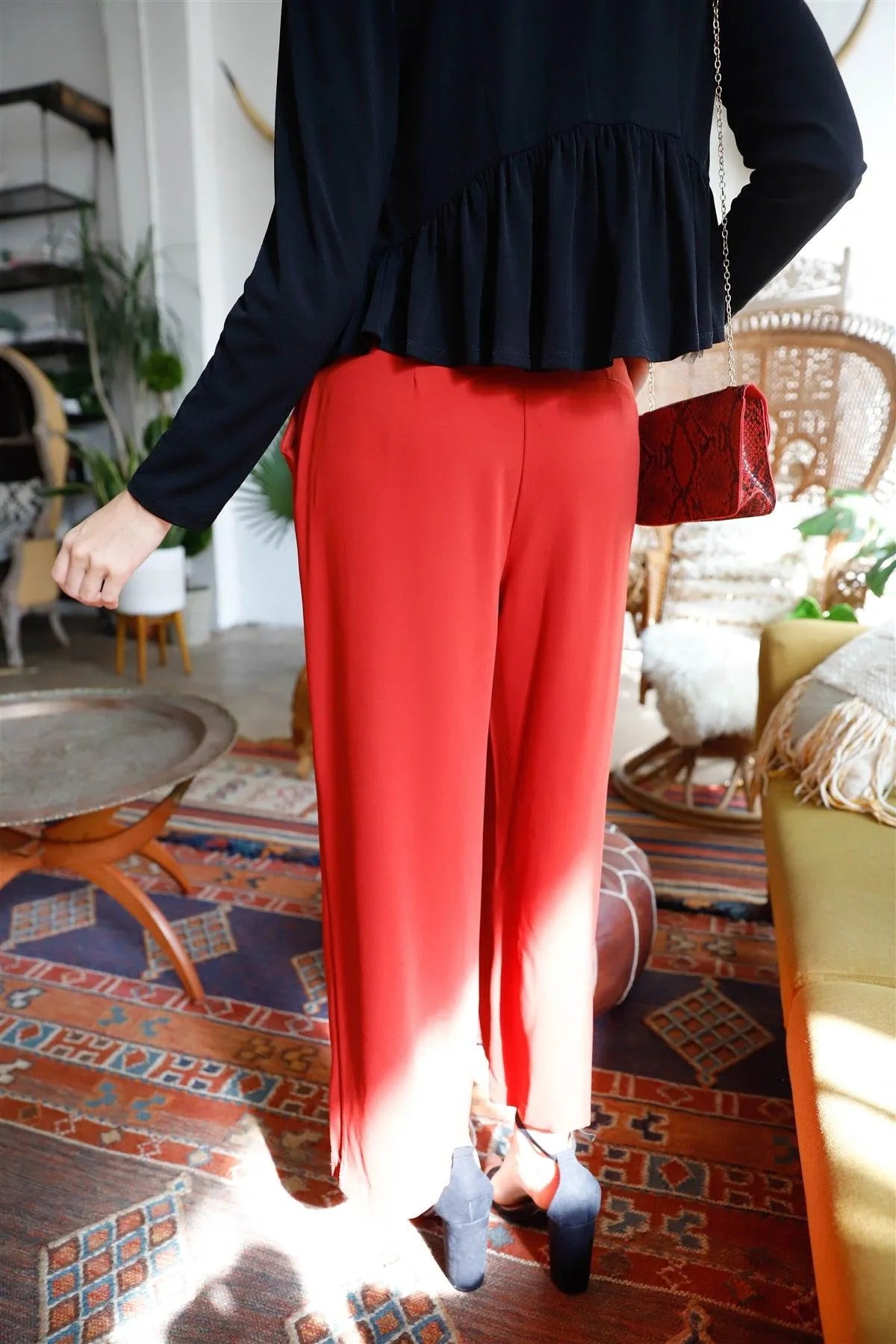 Rust Fold Pleated Belted High Waist Wide Leg Pants /2-3-2 - Tasha Apparel Wholesale