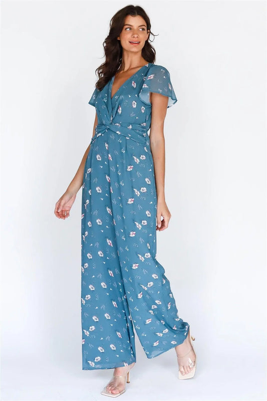 Teal Multi Color Floral Print Front Twisted Detail Wide Leg Jumpsuit /2-2-1 - Tasha Apparel Wholesale