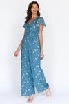 Teal Multi Color Floral Print Front Twisted Detail Wide Leg Jumpsuit /1-2-2-1 - Tasha Apparel Wholesale