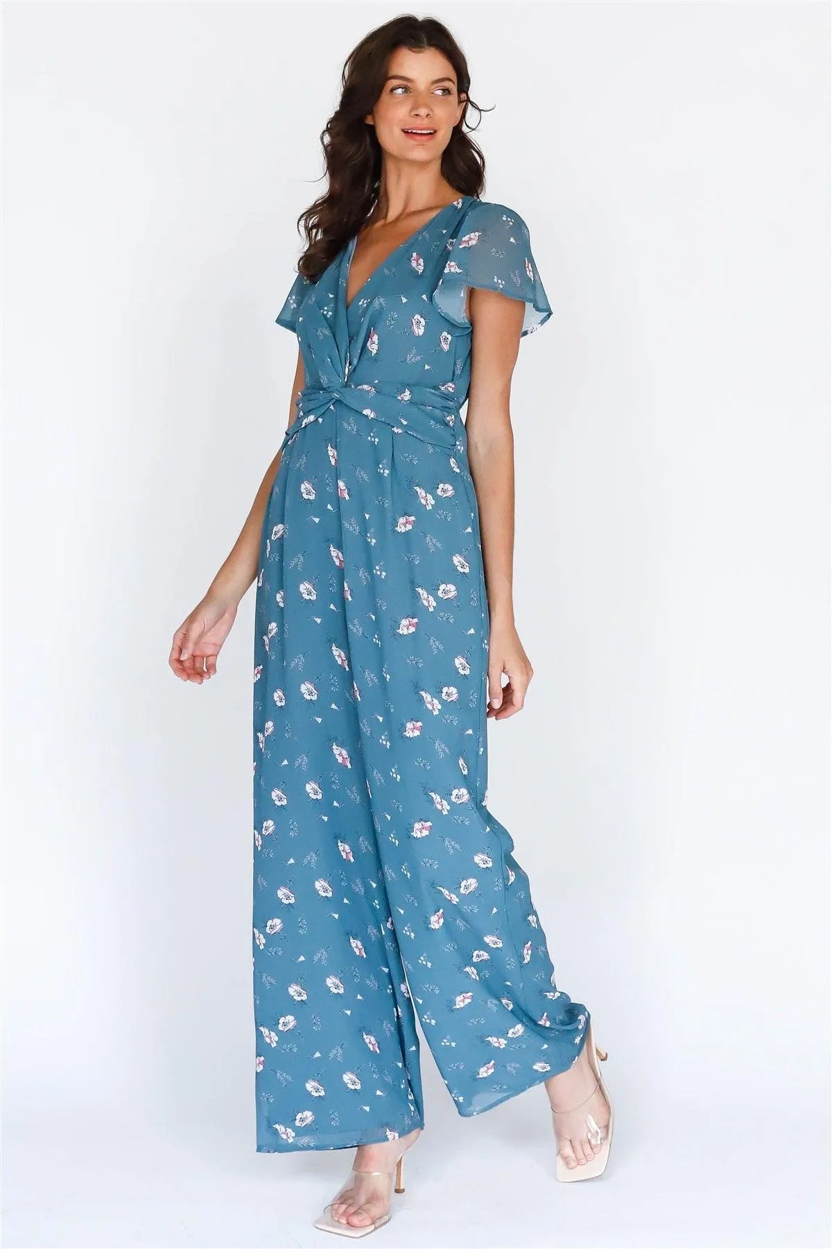 Teal Multi Color Floral Print Front Twisted Detail Wide Leg Jumpsuit /1-2-2-1 - Tasha Apparel Wholesale