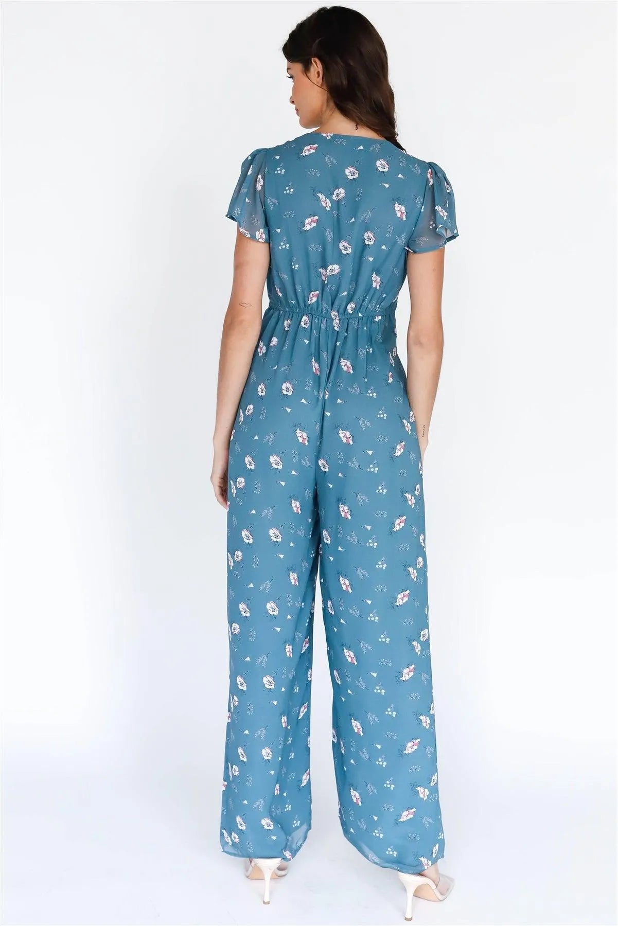 Teal Multi Color Floral Print Front Twisted Detail Wide Leg Jumpsuit /1-2-2-1 - Tasha Apparel Wholesale