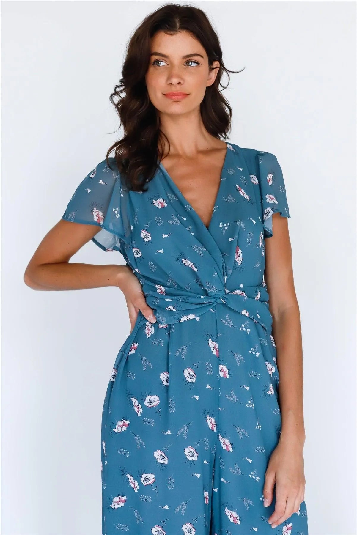 Teal Multi Color Floral Print Front Twisted Detail Wide Leg Jumpsuit /1-2-2-1 - Tasha Apparel Wholesale