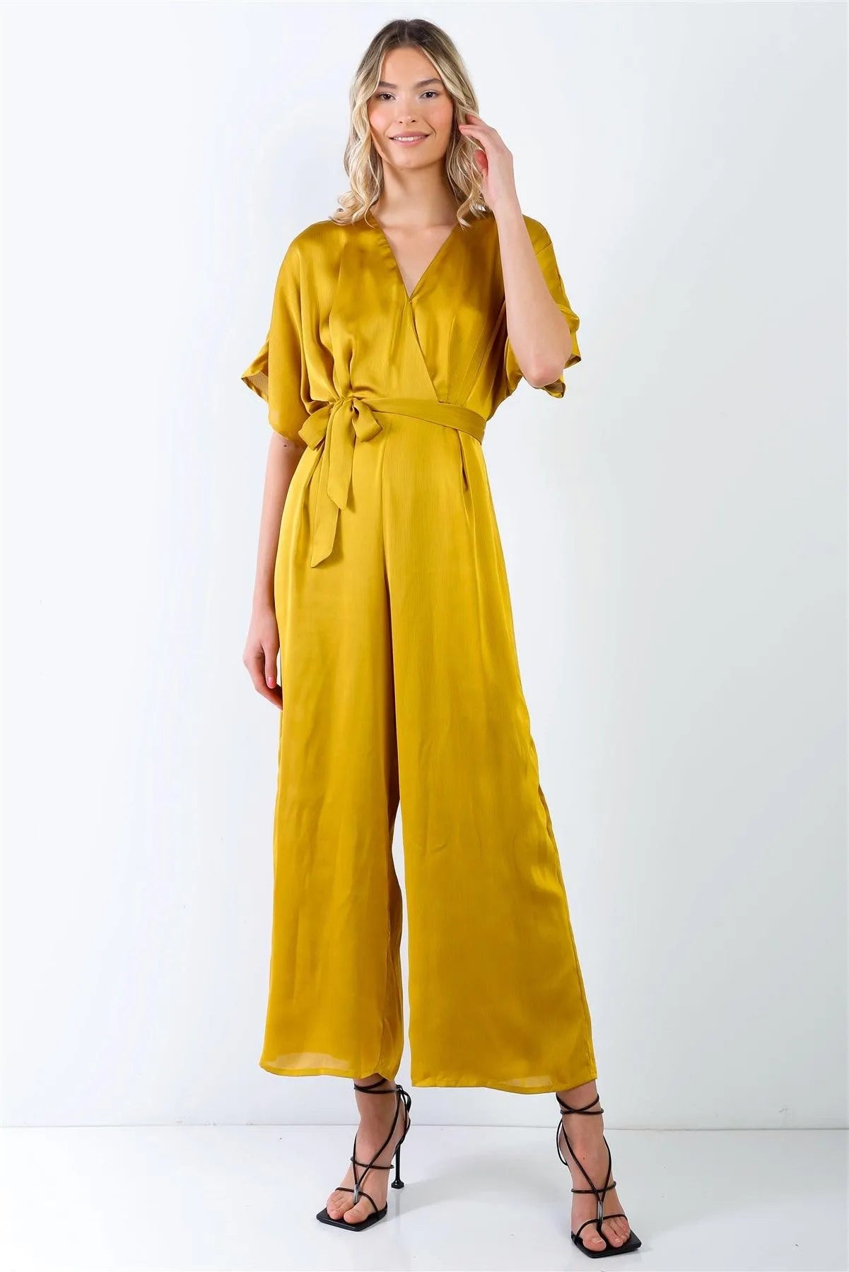 Yellow Dolman Sleeve V-Neck Satin Jumpsuit - Tasha Apparel Wholesale