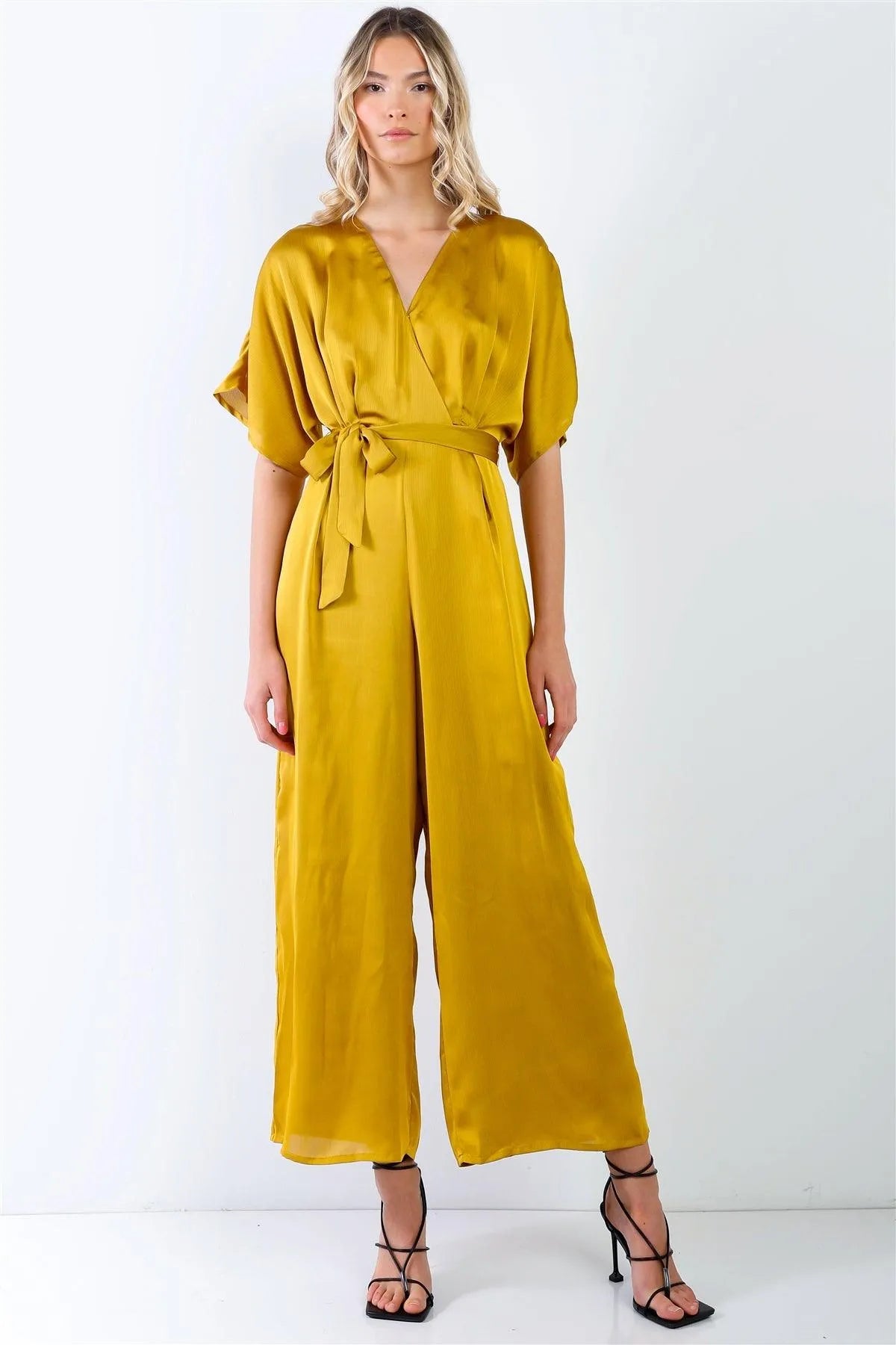 Yellow Dolman Sleeve V-Neck Satin Jumpsuit - Tasha Apparel Wholesale