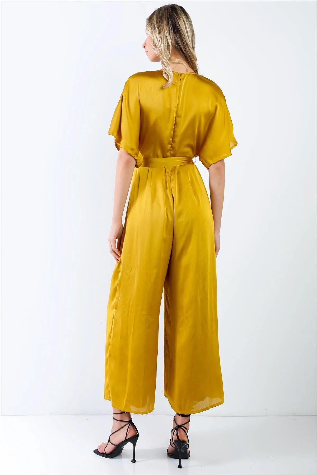 Yellow Dolman Sleeve V-Neck Satin Jumpsuit - Tasha Apparel Wholesale